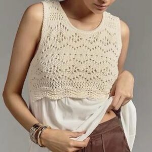 Anthropologie Cream Crocheted Sleeveless Layered Tank